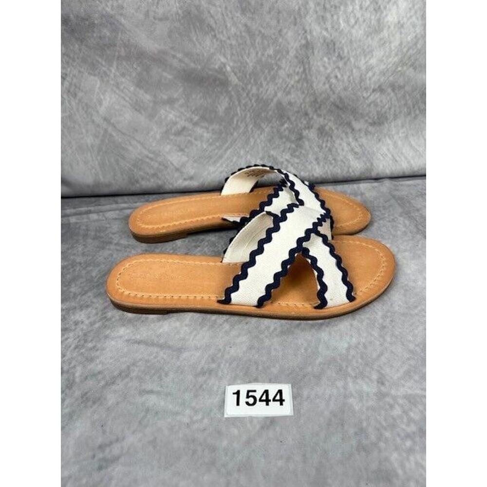 Draper James Women Piper Flat Slide Sandals Size 7 Fabric White and Blue - Picture 7 of 7